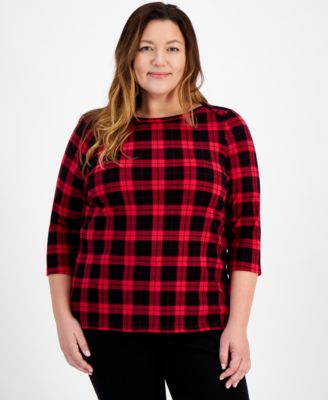Style & Co - Plus Size Printed Cotton Boat-Neck 3/4-Sleeve Top