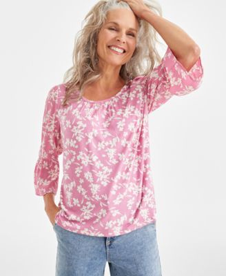 Style & Co - Petite Floral-Print Mixed-Media Knit Top