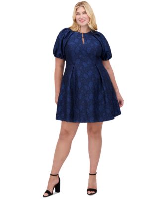 Vince Camuto - Plus Size Puff-Sleeve Jacquard Fit & Flare Dress