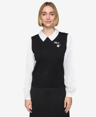 KARL LAGERFELD PARIS - Women's Layered-Look Charm Logo Sweater Top