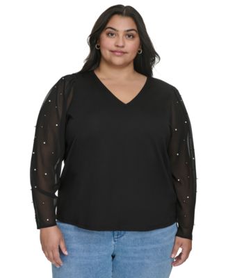 KARL LAGERFELD PARIS - Plus Size Beaded-Sleeve Knit Top