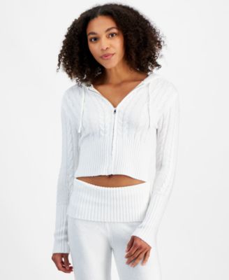 Madden Girl - Juniors' Mossy Crop Cable-Knit Zip-Front Hoodie