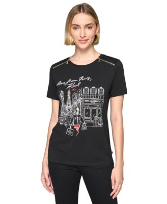 KARL LAGERFELD PARIS - Women's Embellished Zipper-Pocket Logo Graphic Top