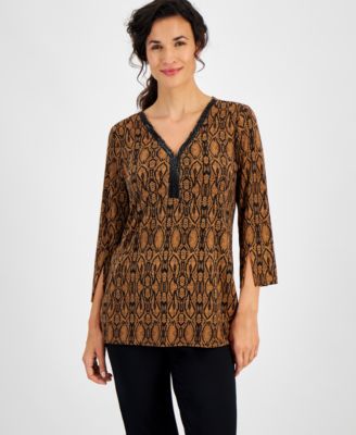 JM Collection - Women's Printed Beaded-Trim V-Neck Top
