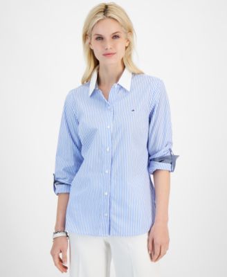 Tommy Hilfiger - Women's Cotton Bengal-Stripe Roll-Tab Shirt
