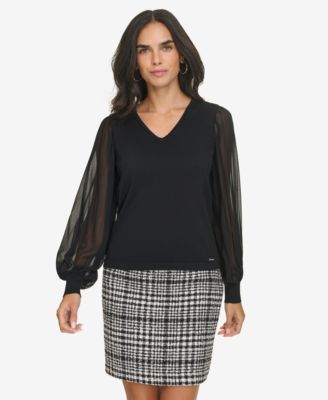 Calvin Klein - Women's V-Neck Mixed-Media Top
