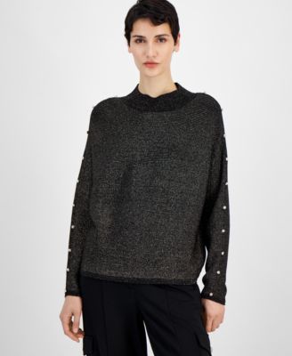 T Tahari - Women's Metallic Embellished Ribbed Mock-Neck Sweater