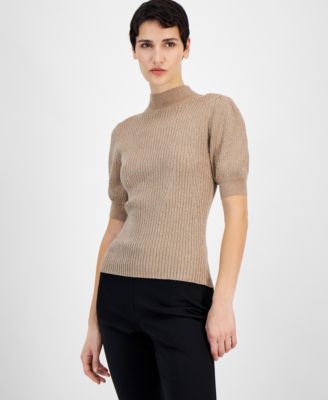 T Tahari - Women's Metallic Mock-Neck Elbow-Sleeve Top
