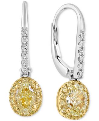EFFY Collection - Yellow Diamond (1-1/10 ct. t.w.) & White Diamond (1/10 ct. t.w.) Oval Halo Leverback Drop Earrings in 18k Two-Tone Gold