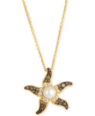 Le Vian - Freshwater Pearl (5mm) & Chocolate Ombr&eacute; Diamond (1/3 ct. t.w.) Starfish Adjustable 19" Pendant Necklace in 14k Gold