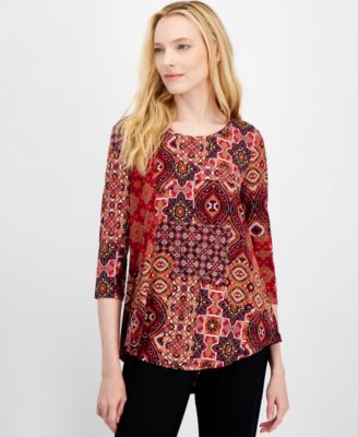 JM Collection - Petite Regal Tiles 3/4-Sleeve Top