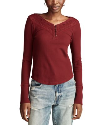 Lucky Brand - Women's Embroidered Mesh Henley Top