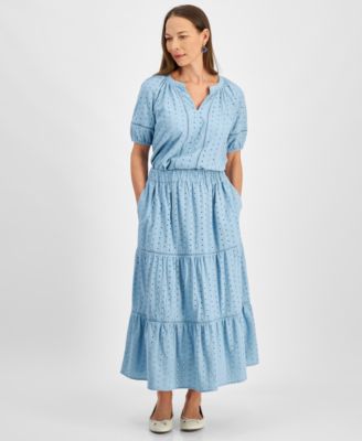 Style & Co - Petite Cotton Pull-On Eyelet Tiered Maxi Skirt