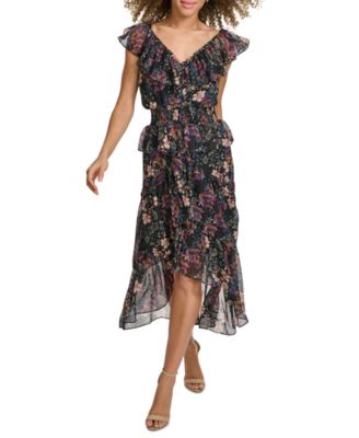 kensie - Women's V-Neck Ruffled Chiffon Midi Dress