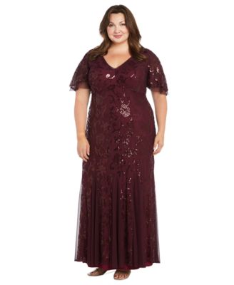 R & M Richards - Plus Size Sequin Embellished Flutter-Sleeve V-Neck Gown