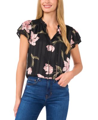 CeCe - Women's Printed Split-Neck Flutter-Sleeve Blouse