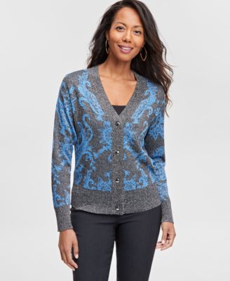 JM Collection - Women's Metallic Jacquard V-Neck Button Cardigan
