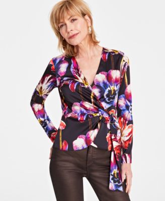 I.N.C. International Concepts - Women's Printed Surplice-Neck Wrap Blouse