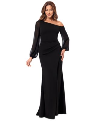 Betsy & Adam - Petite One-Shoulder Sheer-Sleeve Evening Gown