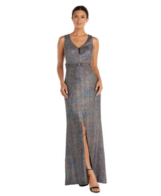 R & M Richards - Petite Metallic Back-Cutout Ruched-Waist Gown