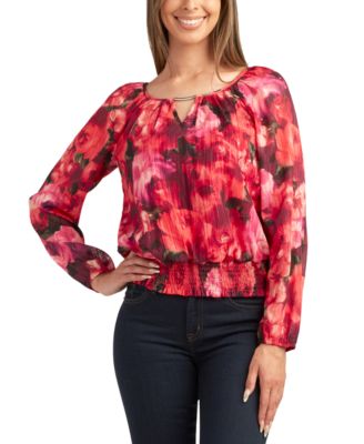 BCX - Juniors' Floral-Print Peplum-Hem Keyhole Top