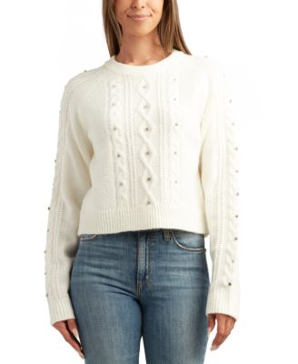 BCX - Juniors' Embellished Cable-Knit Raglan Sweater