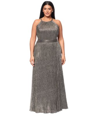 Betsy & Adam - Plus Size Crinkled Metallic Halter Gown