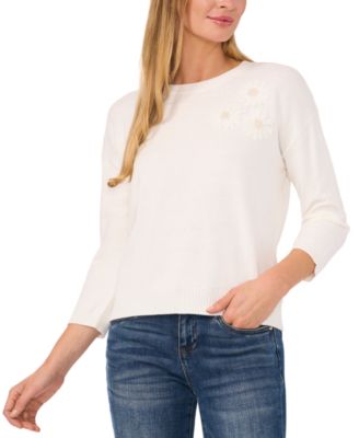 CeCe - Women's Embellished Embroidered 3/4-Sleeve Sweater