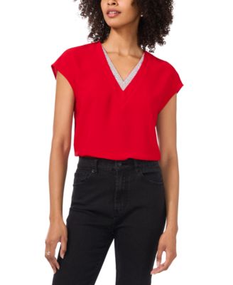 Vince Camuto - Women's Embellished-V-Neck Extended-Shoulder Blouse