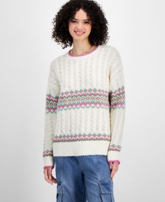 Sugar Moon - Juniors' Cable-Knit Fair Isle Sweater