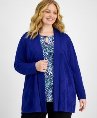 Kasper - Plus Size Open-Front Pointelle Patterned Cardigan