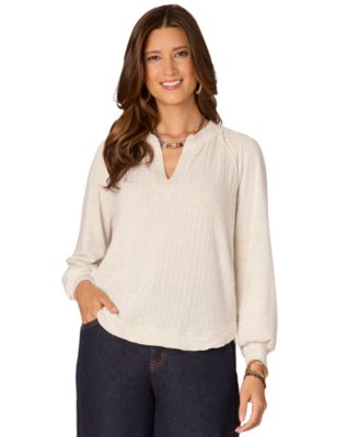 Democracy - Petite Pleated Ribbed Blouson-Sleeve Top