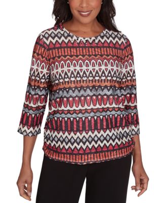 Alfred Dunner - Petite Runway Ready Geometric Crewneck Ruched-Side Top