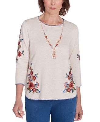 Alfred Dunner - Petite Harvest Moon Paisley Floral Sweater With Necklace