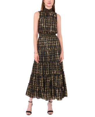 MSK - Petite Sleeveless Tiered Mock-Neck Metallic Dress