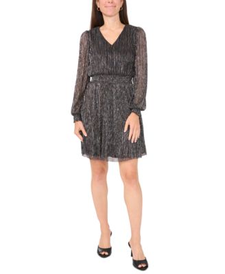 MSK - Petite V-Neck Metallic-Threaded Smocked-Waist Dress