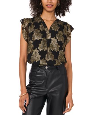 Vince Camuto - Women's Metallic-Print V-Neck Flutter-Sleeve Blouse