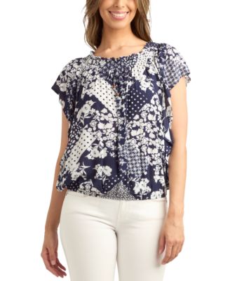 BCX - Juniors' Mixed-Print Flutter-Sleeve Smocked Top