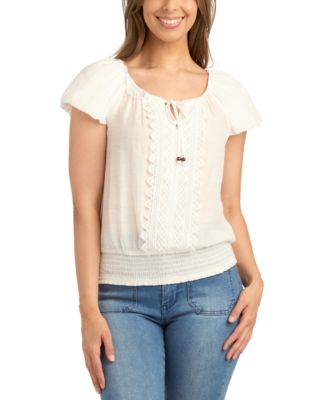 BCX - Juniors' Lace-Trim Smocked-Hem Tie-Neck Top