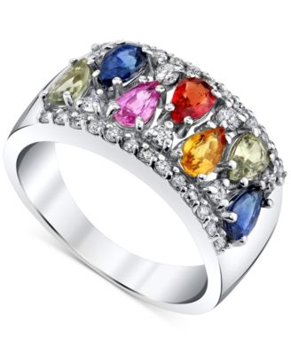 Macy's - Multi-Sapphire (2-1/10 ct. t.w.) & Diamond (3/8 ct. t.w.) Wide Ring in 14k White Gold