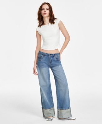 Madden Girl - Juniors' High-Rise Slouchy Wide-Leg Cuffed Jeans