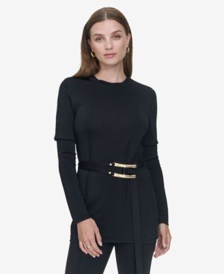 Halston - Women's Belted Long-Sleeve Crewneck Top