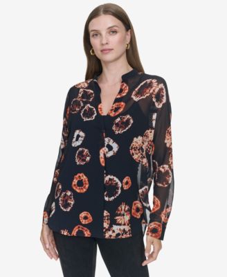 Halston - Women's Printed Split-Neck Blouse