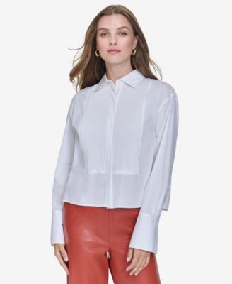 Halston - Women's Cotton Cropped Tuxedo Shirt