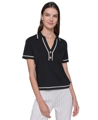 KARL LAGERFELD PARIS - Petite Polo-Collar Short-Sleeve Sweater