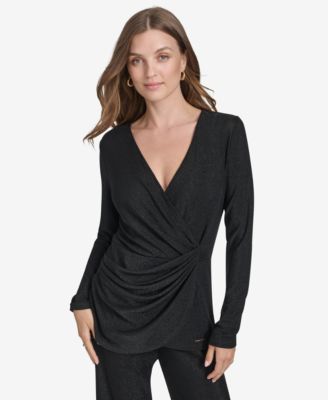Halston - Women's Metallic-Knit Surplice-Draped Top