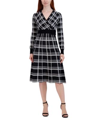 Robbie Bee - Women's Plaid Belted Long-Sleeve Fit & Flare Dress