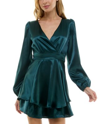 Crystal Doll - Juniors' Blouson-Sleeve Satin A-Line Dress