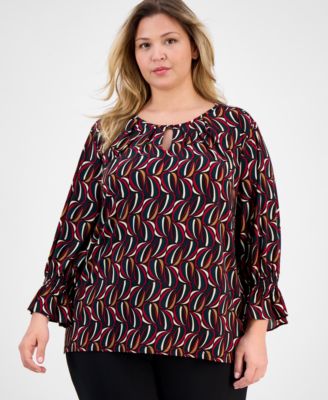 AK Anne Klein - Plus Size Printed 3/4-Sleeve Keyhole Blouse