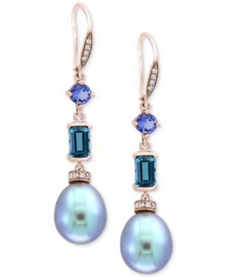 EFFY Collection - Blue Cultured Freshwater Pearl (12 x 10mm), Multi-Gemstone (1-3/4 ct. t.w.) & Diamond (1/8 ct. t.w.) Drop Earrings in 14k Rose Gold